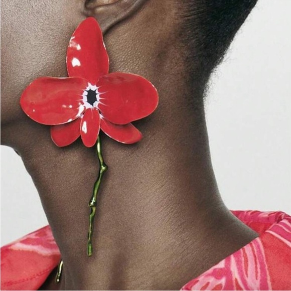 Zara Jewelry - New! Red Hand Painted Flower Statement Earrings NWOT (1038)